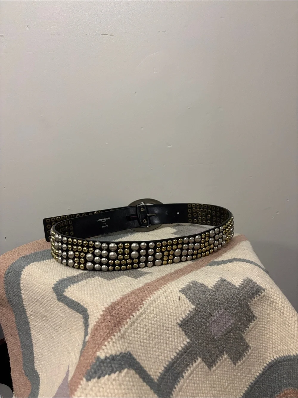 Chinese Laundry Black Studded Belt with Mixed-Tone Buckle